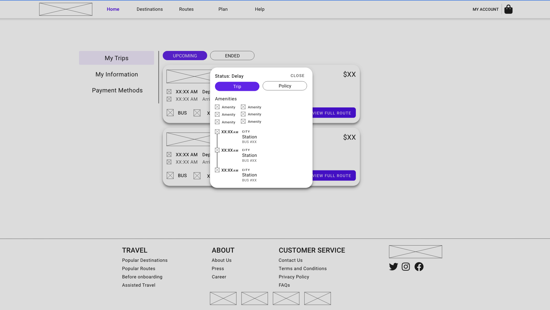 My Trips Page with Pop up